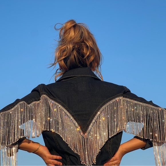 Denim Of Hollywood Custom Rhinestone Fringe Denim Jacket StageCoach Coachella - Picture 1 of 6